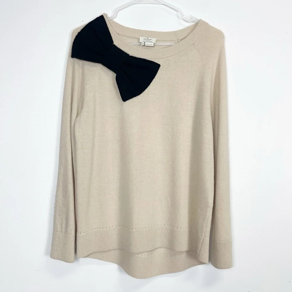 Kate Spade Sweater Womens Size XS Beige Black Bow Collar Wool Cashmere Blend